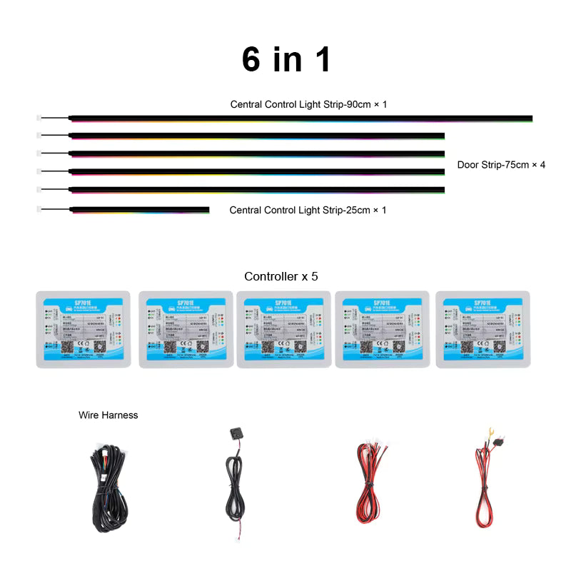 Acrylic Car Ambient Light Kit - 6 piece  LED Fiber Optic Lights - IOS and Android App Control - Hardwire