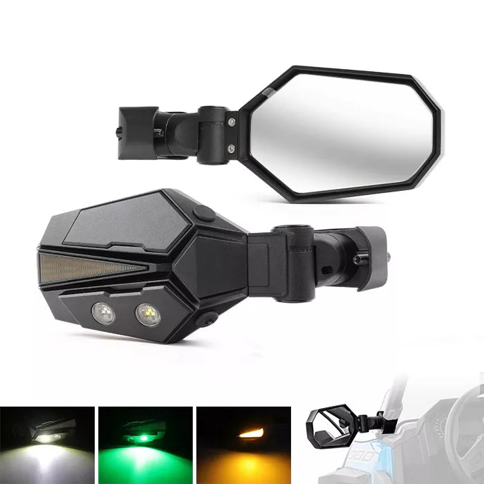 UTV Side View Mirror  - White / Green LED with Amber Turn Signal