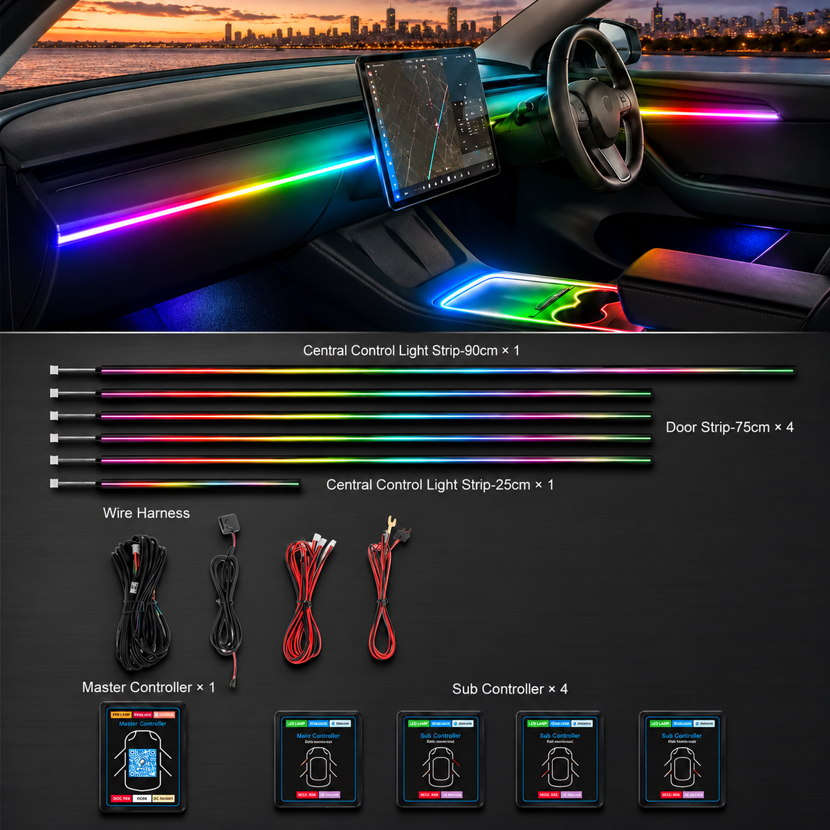 Acrylic Car Ambient Light Kit - 6 piece  LED Fiber Optic Lights - IOS and Android App Control - Hardwire
