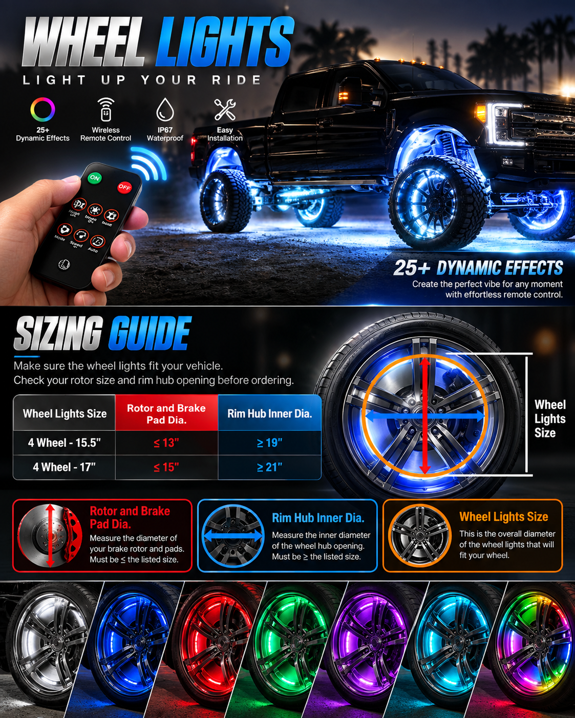 3-Row RGB LED Wheel Lights With RGBW, remote and App control  [Set of 4]