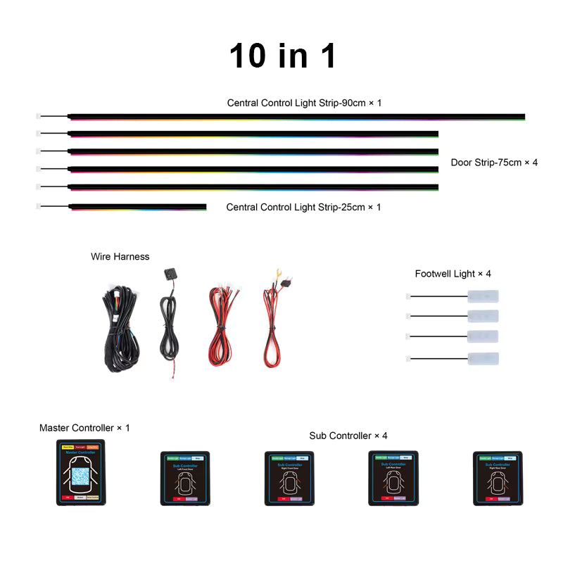 Acrylic Car Ambient Light Kit - 10 piece  LED Fiber Optic Lights - IOS and Android App Control - Hardwire