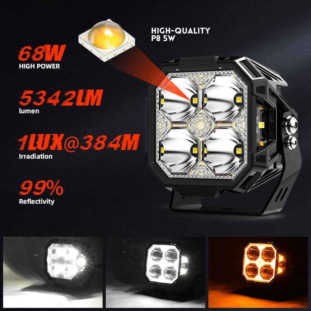 3-Inch LED Cube Pod Ditch Lights, Spot Beam with Side Shooter and Amber Backlight