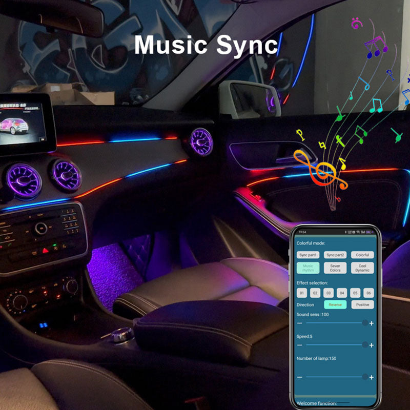 Acrylic Car Ambient Light Kit - 10 piece  LED Fiber Optic Lights - IOS and Android App Control - Hardwire