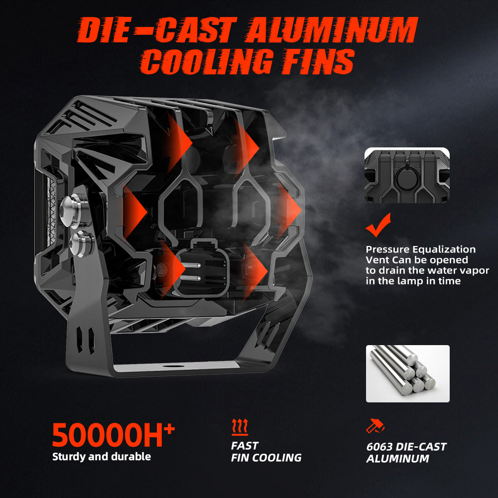 3-Inch LED Cube Pod Ditch Lights, Spot Beam with Side Shooter and Amber Backlight