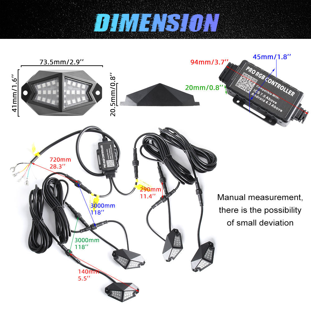 12 Piece RGB LED Rock Lights Kit with Remote and  App Control.  IOS and Android Compatible