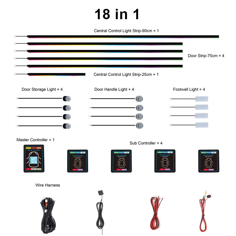 Acrylic Car Ambient Light Kit - 18 piece  LED Fiber Optic Lights - IOS and Android App Control - Hardwire
