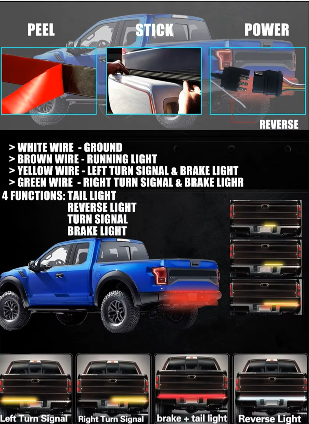 Triple Row Tailgate Light Bar with Reverse and Amber Sequential Turn Signals - 60  inches