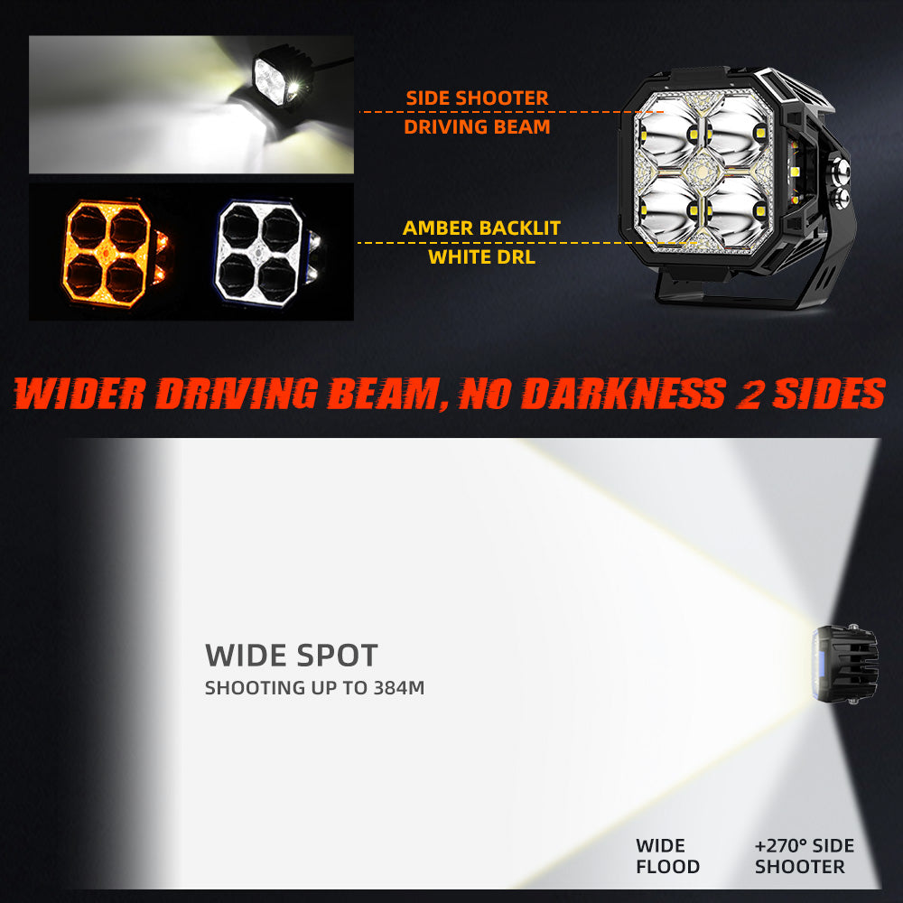 3-Inch LED Cube Pod Ditch Lights, Spot Beam with Side Shooter and Amber Backlight