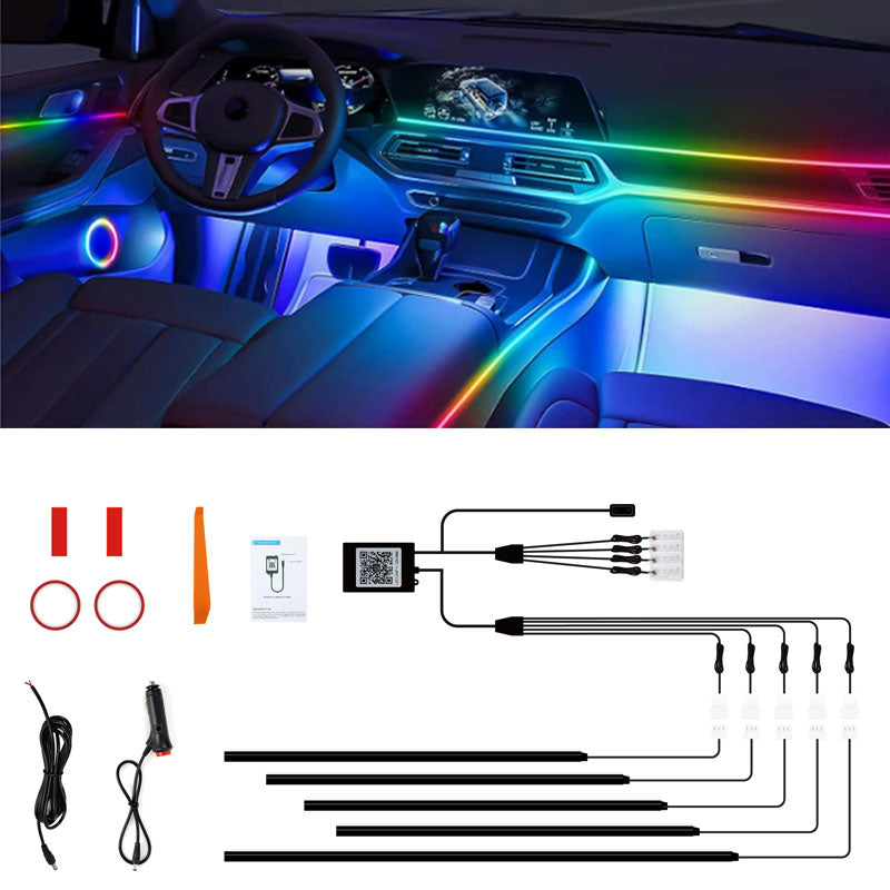Acrylic Car Ambient Light Kit - 10 piece  LED Fiber Optic Lights - IOS and Android App Control - Car charger and Hardwire