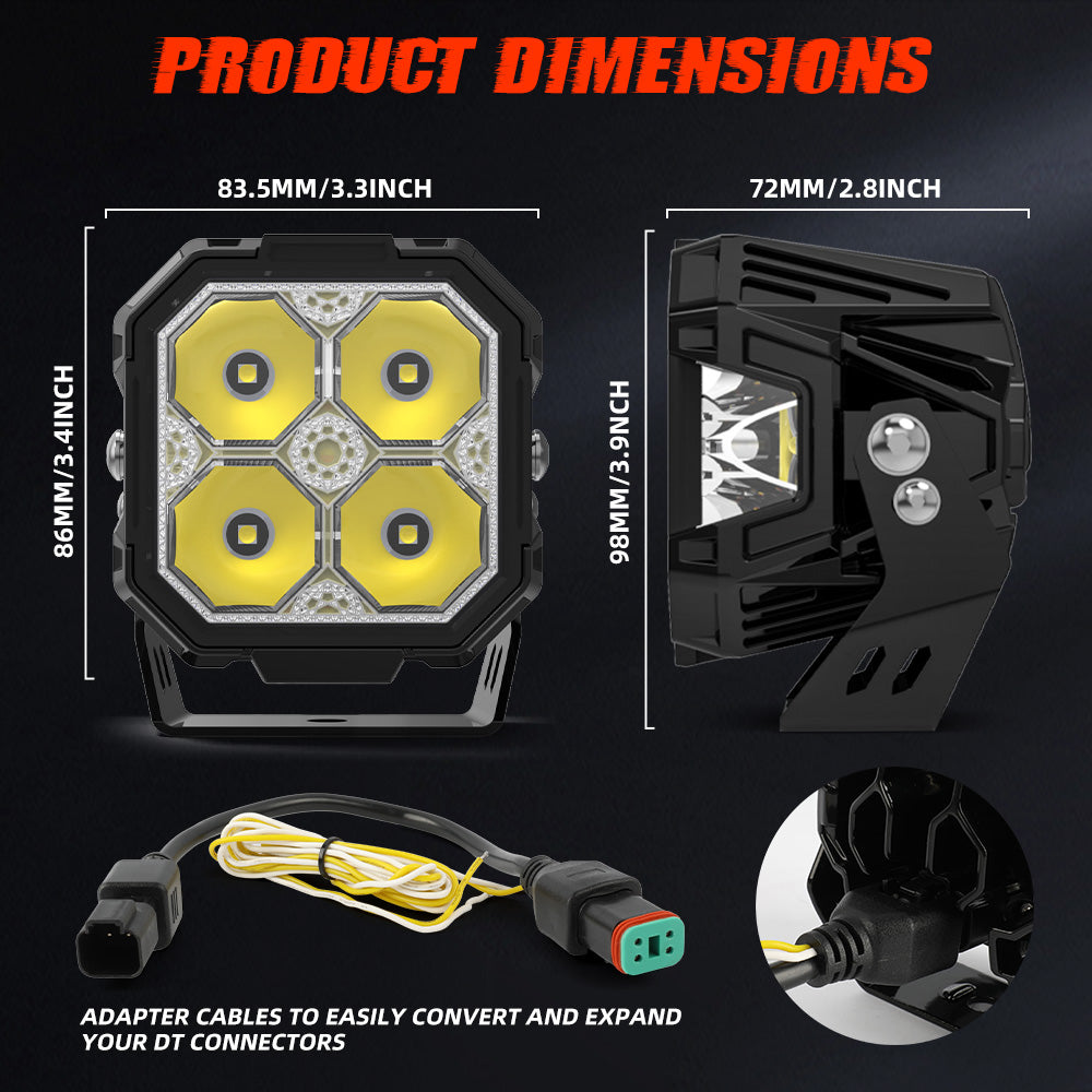 3-Inch LED Cube Pod Ditch Lights, Spot Beam with Side Shooter and Amber Backlight