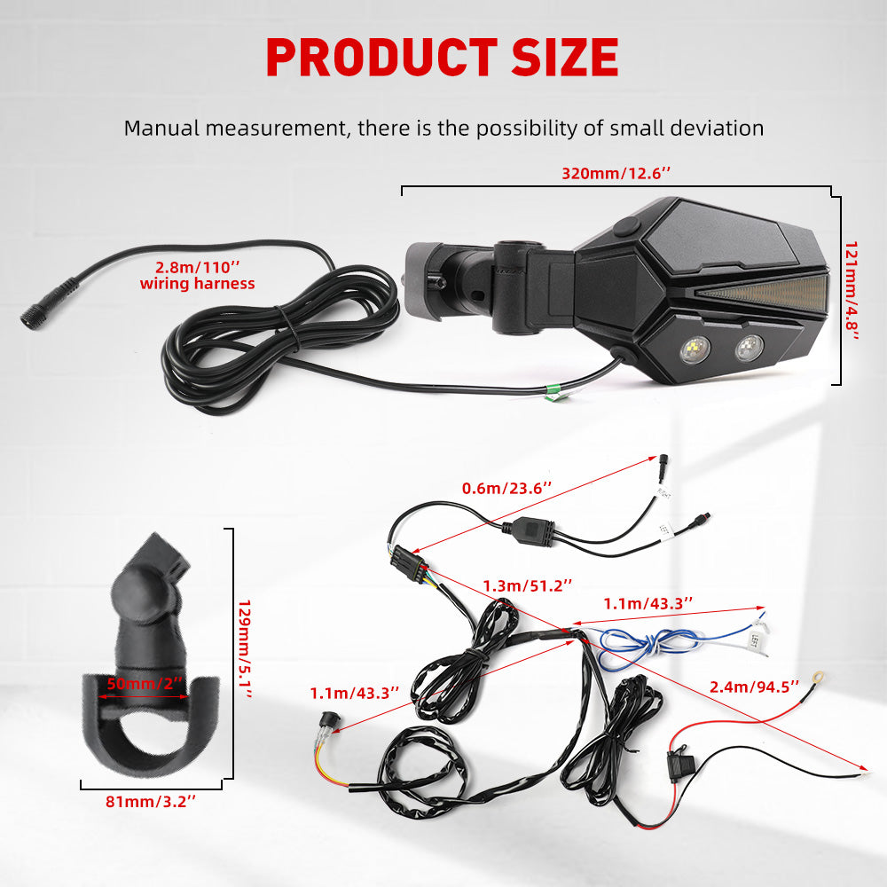 UTV Side View Mirror  - White / Green LED with Amber Turn Signal