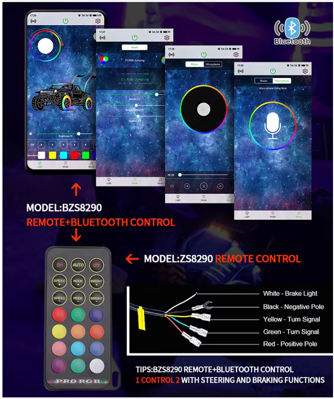 5FT Spiral RGB Led Whip Light -  2 Pieces (1 Pair) - IOS and Android Compatible