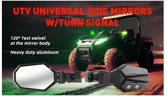 UTV Side View Mirror  - White / Green LED with Amber Turn Signal