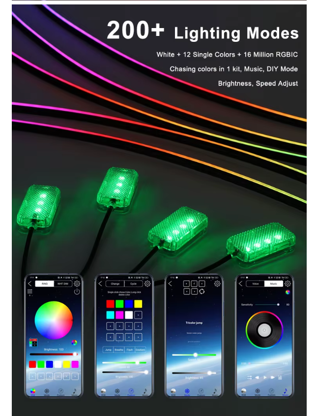 Acrylic Car Ambient Light Kit - 10 piece  LED Fiber Optic Lights - IOS and Android App Control - Car charger and Hardwire